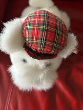 White Plush Scottie Dog with Red Plaid Cap